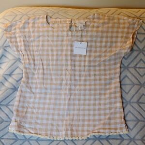 Liz Clairborne blouse top, Flax Chec, linen, brown/ white